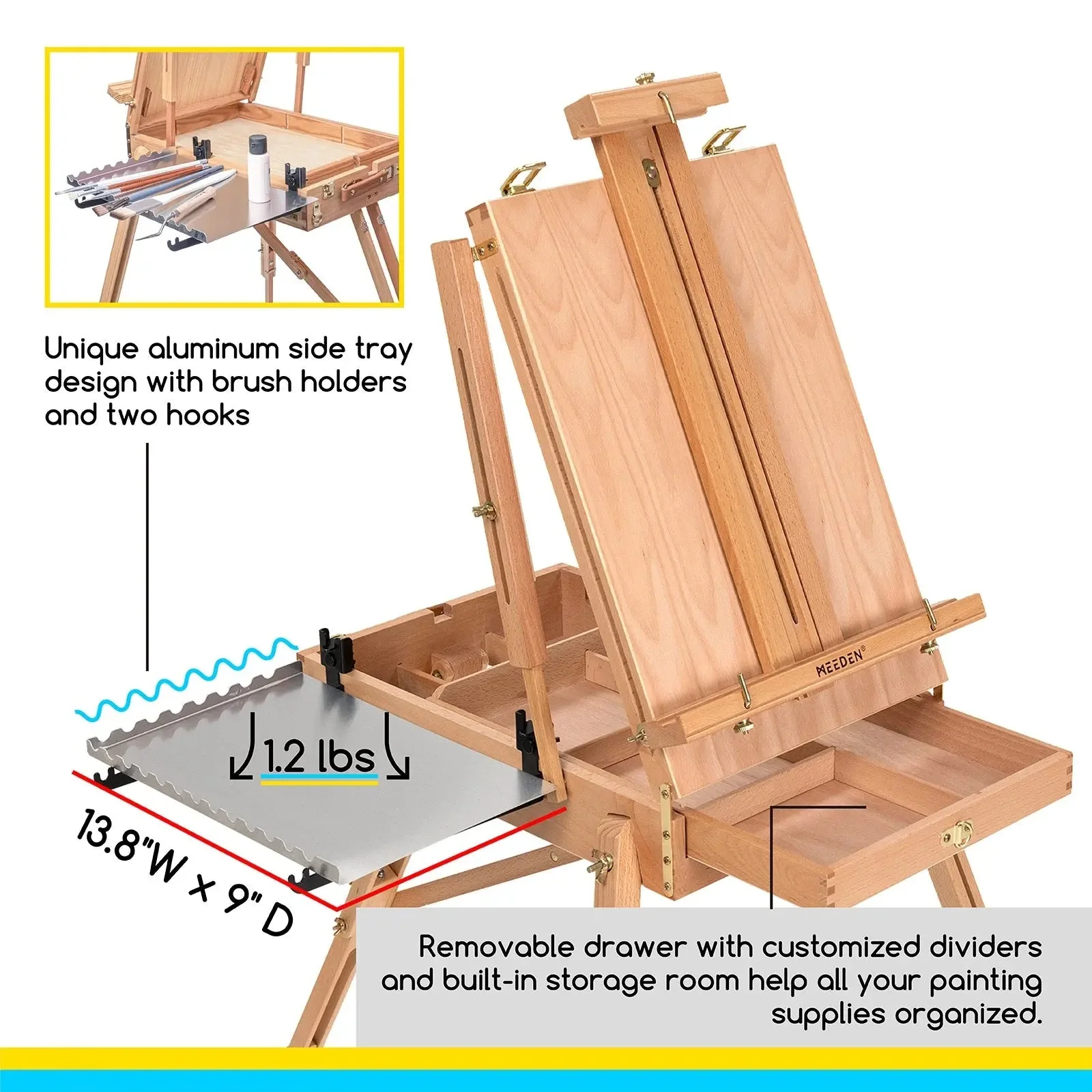 MEEDEN Foldable Beechwood French Easel with Drawer, Palette & Metal Tray – Natural - Image 4